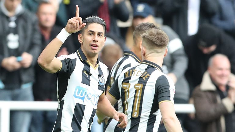 Newcastle United's Ayoze Perez celebrates his goal against Ipswich during the Sky Bet Championship match at St James' Park, Newcastle.