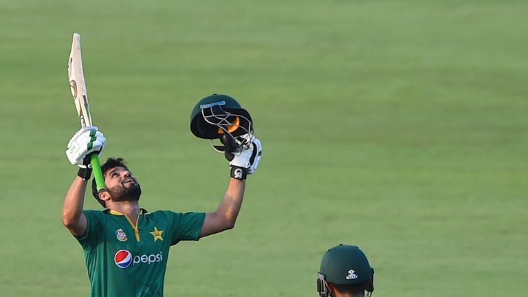 Azhar Ali of Pakistan celebrates scoring a century during the third ODI between Pakistan & West Indies