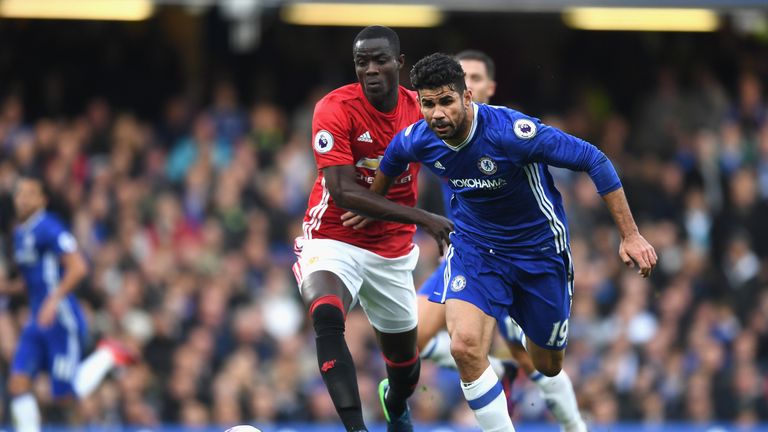 Eric Bailly of Manchester United closes down Diego Costa