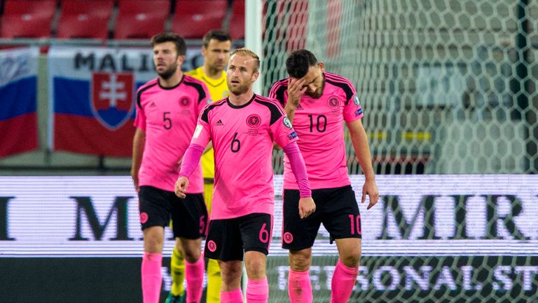 Barry Bannan (No 6) dejected after Scotland concede third goal against Slovakia