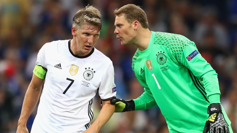 MARSEILLE, FRANCE - JULY 07:  Manuel Neuer of Germany reacts to his team mate Bastian Schweinsteiger  (L) during the UEFA EURO 2016 semi final match betwee