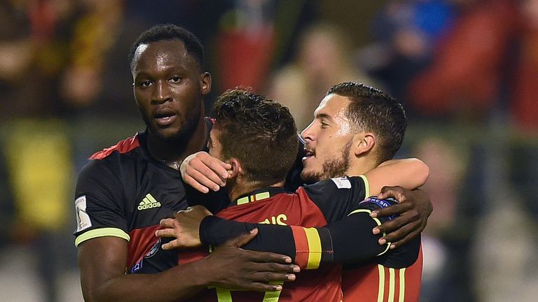Belgium's Eden Hazard (R) celebrates with teammates after scoring during the Fifa WC 2018 football qualification match between Belgium and Bosnia and Herze