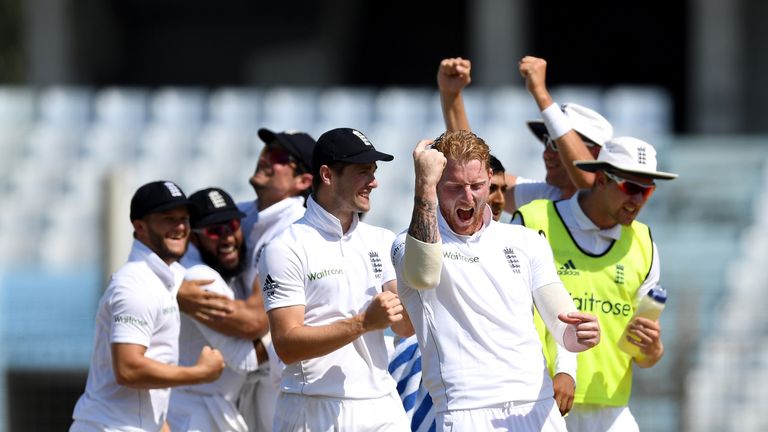 Ben Stokes of England celebrates with team-mates