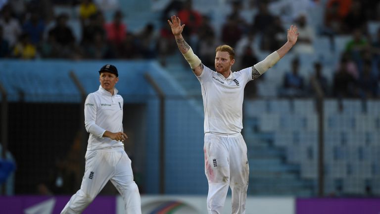 Ben Stokes successfully appeals for the wicket of Mushfiqur Rahim during day two of the first Test in Chittagong