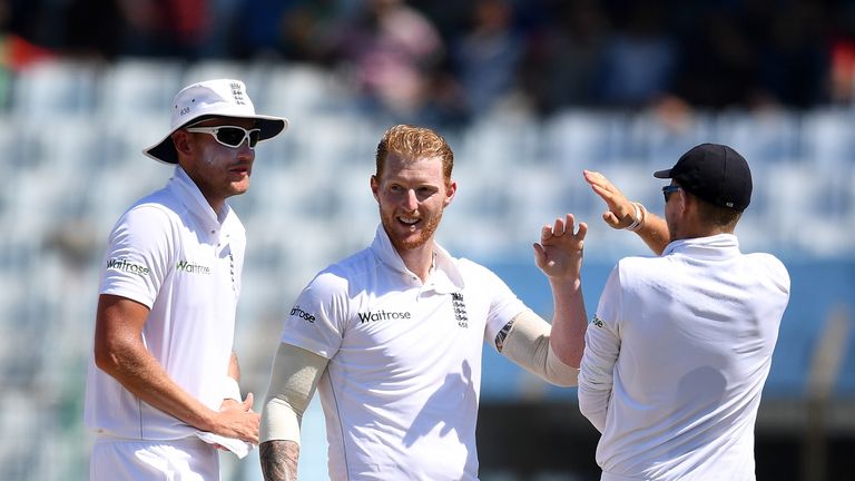 Ben Stokes celebrates with Joe Root and Stuart Broad after dismissing Kamrul Islam