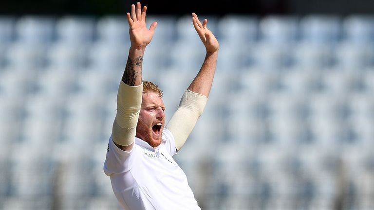 Ben Stokes appeals successfully for the wicket of Shafiul Islam 