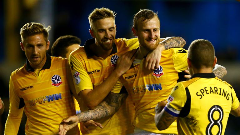 LONDON, ENGLAND - OCTOBER 18: David Wheater of Bolton Wanderers celebrates with team-mate Mark Beevers after scoring their second goal during the Sky Bet L