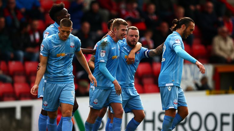 Jay Spearing of Bolton Wanderers celebrates with his team-mates 