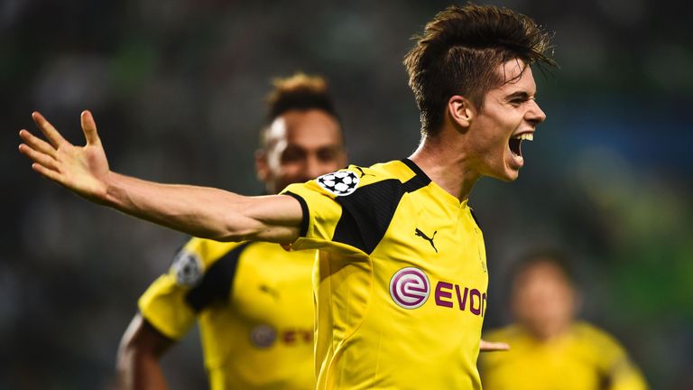 Dortmund's Julian Weigl celebrates after scoring against Sporting in the Champions League