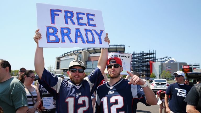 FOXBORO, MA - MAY 24:  Ryan Desilets and Jon Harmon both from Milford, Massachusetts, show support for New England Patriots quarterback Tom Brady at the "F