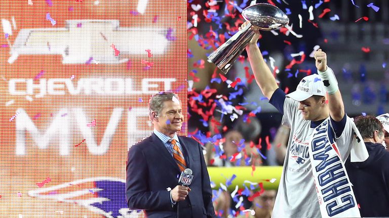 GLENDALE, AZ - FEBRUARY 01:  Tom Brady #12 of the New England Patriots celebrates with the vince Lombardi Trophy after defeating the Seattle Seahawks 28-24