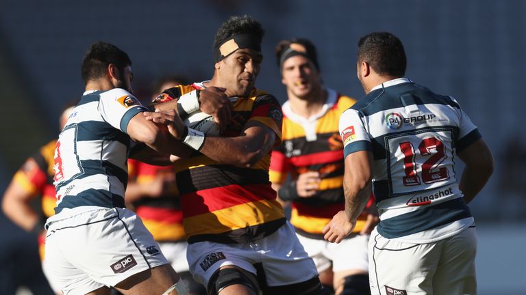 Brian Alainu'uese of Waikato is tackled  during the round four Mitre 10 Cup match against Auckland