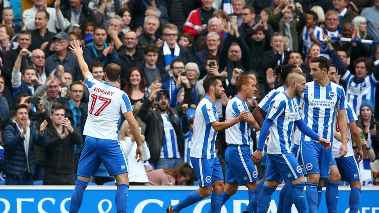 Glenn Murray of Brighton celebrates after scoring the first goal of the game against Norwich