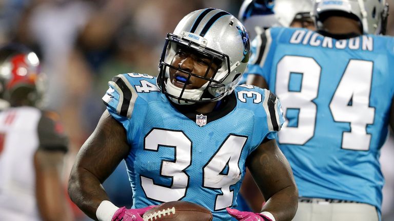 CHARLOTTE, NC - OCTOBER 10:  Cameron Artis-Payne #34 of the Carolina Panthers reacts after his touchdown against the Tampa Bay Buccaneers in the 3rd quarte
