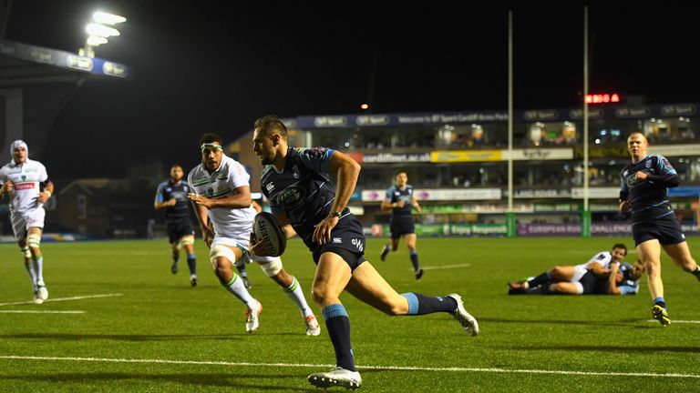 CARDIFF, WALES - OCTOBER 21:  Blues player Cory Allen races through to score his second try during the European Rugby Challenge Cup match between Cardiff B