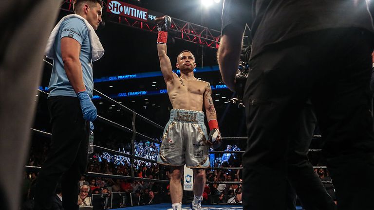 Carl Frampton celebrates his win after defeating Leo Santa Cruz of Mexico in WBA Super featherweight NY, Jul 2016