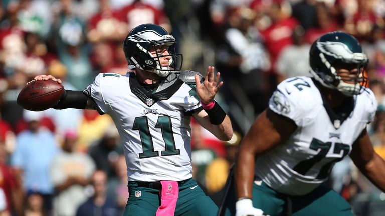 LANDOVER, MD - OCTOBER 16: Quarterback Carson Wentz #11 of the Philadelphia Eagles passes the ball against the Washington Redskins in the first quarter at 