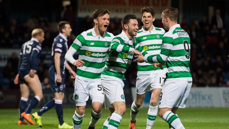 Celtic's Patrick Roberts (centre) celebrates his goal against Ross County with his team-mates