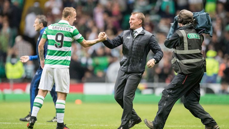 Leigh Griffiths of Celtic celebrates a goal with manager Brendan Rodgers 