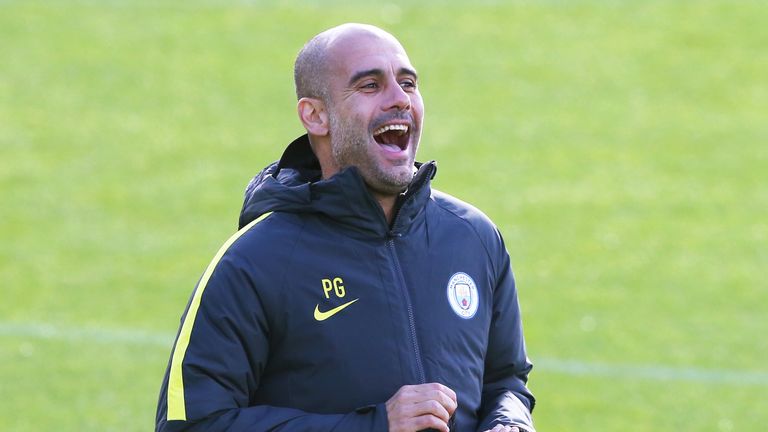 Josep Guardiola during a Manchester City training session prior to the game with Barcelona