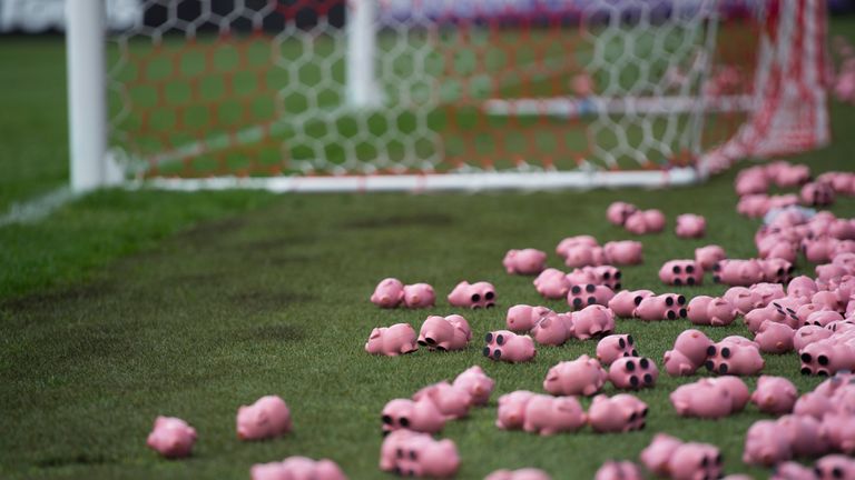 Charlton Athletic and  Coventry City fans threw plastic money pigs onto the field of play as a protest against their respective owners