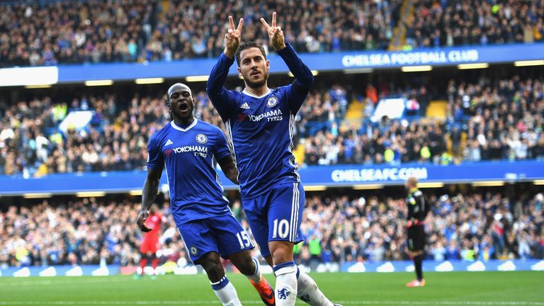 LONDON, ENGLAND - OCTOBER 15: Eden Hazard of Chelsea celebrates scoring his sides second goal during the Premier League match between Chelsea and Leicester