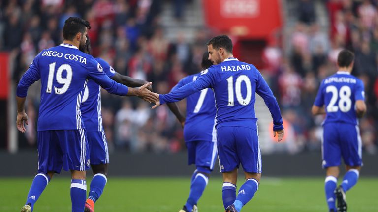 SOUTHAMPTON, ENGLAND - OCTOBER 30: Eden Hazard of Chelsea (R) celebrates scoring his sides first goal wth Diego Costa of Chelsea (L) during the Premier Lea
