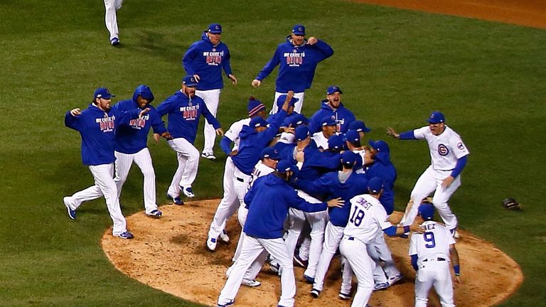 The Chicago Cubs celebrate defeating the Los Angeles Dodgers 5-0 in game six of the National League Championship Series