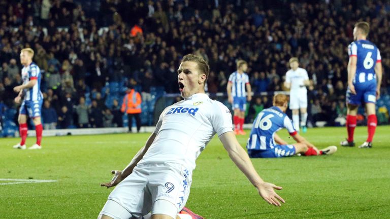 Leeds United's Chris Wood celebrates scoring his sides first goal during the Sky Bet Championship match at Elland Road, Leeds.
