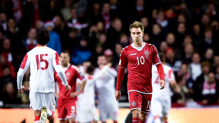 Denmark's midfielder Christian Eriksen walks on the field after Montenegro scored 1:0 during the WC 2018 football qualification match between Denmark and M