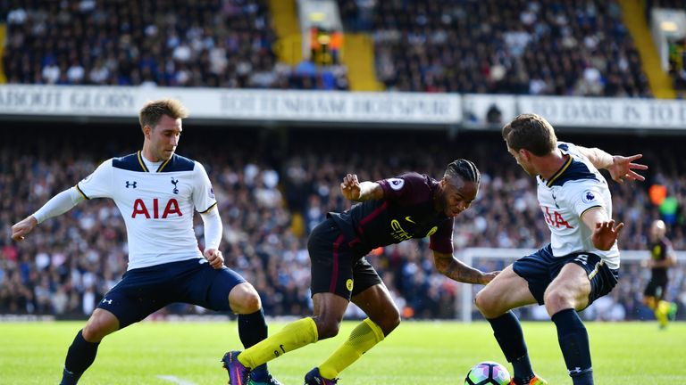 Christian Eriksen and Jan Vertonghen close down Raheem Sterling