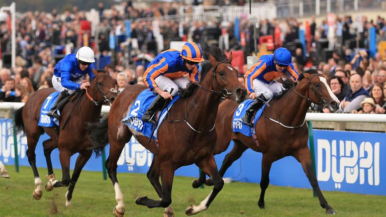 Churchill (centre) ridden by Ryan Moore goes onto win the Dubai Dewhurst Stakes from stablemate Lancaster Bomber 
