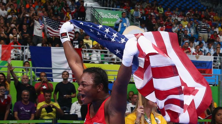 RIO DE JANEIRO, BRAZIL - AUGUST 21:  Claressa Maria Shields of the United States celebrates victory over Nouchka Fontijn of the Netherlands in the Women's 