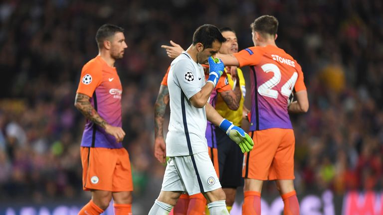 Claudio Bravo leaves the pitch after seeing red for handling outside his area