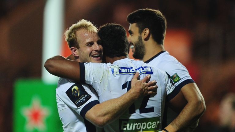Wesley Fofana of ASM Clermont Auvergne (back) celebrates his sides fifth try during the European Rugby Champions Cup match against Exeter 16/10/16