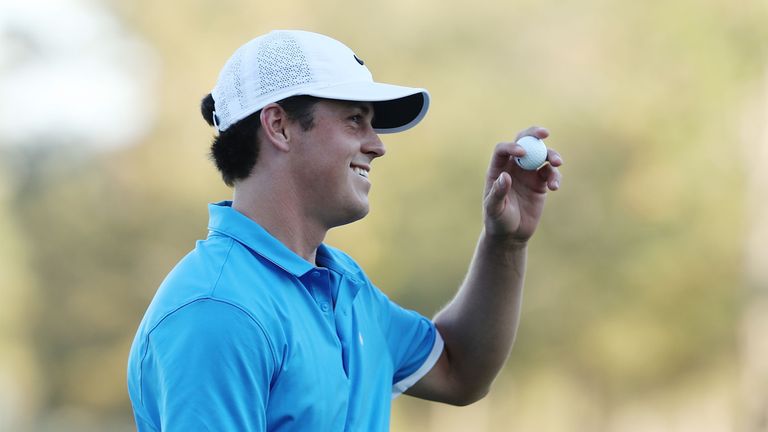 JACKSON, MS - OCTOBER 30:  Cody Gribble reacts to his putt after winning the tournament on the 18th hole during the Final Round of the Sanderson Farms Cham