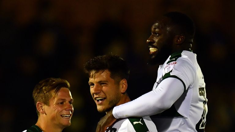 Connor Smith of Plymouth Argyle (c) celebrates after scoring the opening goal against AFC Wimbledon