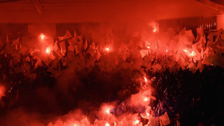 LEICESTER, ENGLAND - OCTOBER 18:  Copenhagen fans light flare prior to the UEFA Champions League Group G match between Leicester City FC and FC Copenhagen 