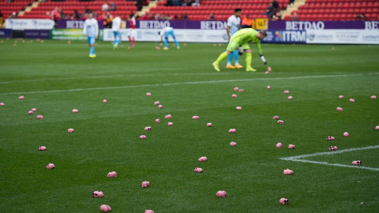 Coventry goalkeeper Lee Burge removes some of the plastic pigs from the pitch