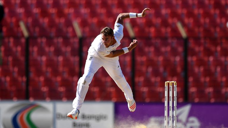 Stuart Broad in action during day 4 of the 1st test against Bangladesh