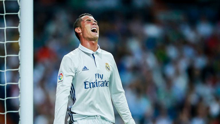 Cristiano Ronaldo grimaces during the La Liga match between Real Madrid and Villarreal