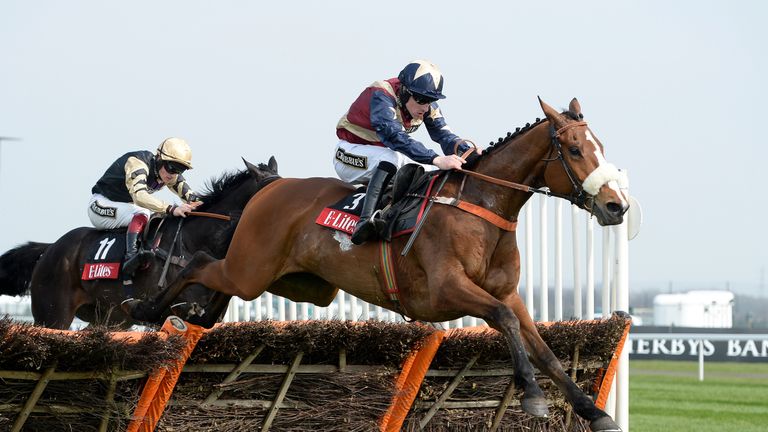 Cyrus Darius ridden by Brian Hughes clears the final fence to win The E-Lites Top Novices' Hurdle Race, with Vago Collonges (left) during Ladies Day of the