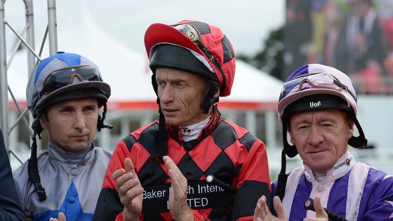 Jockeys Tony Culhane, Dale Gibson and Billy Newnes ahead of the Clipper Logistics Leger Legends Classified Stakes at Doncaster