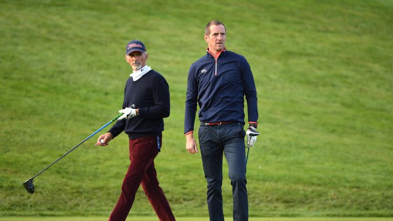 Damon Hill and Will Greenwood in action during the British Masters Pro-Am at The Grove