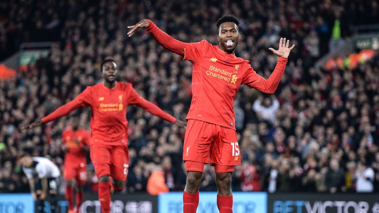 Daniel Sturridge celebrates his second goal during the EFL Cup fourth match against Tottenham