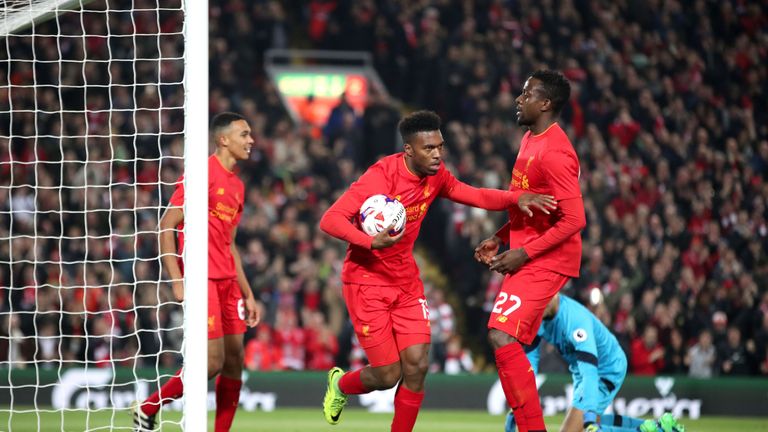 Liverpool's Daniel Sturridge celebrates scoring his side's first goal 