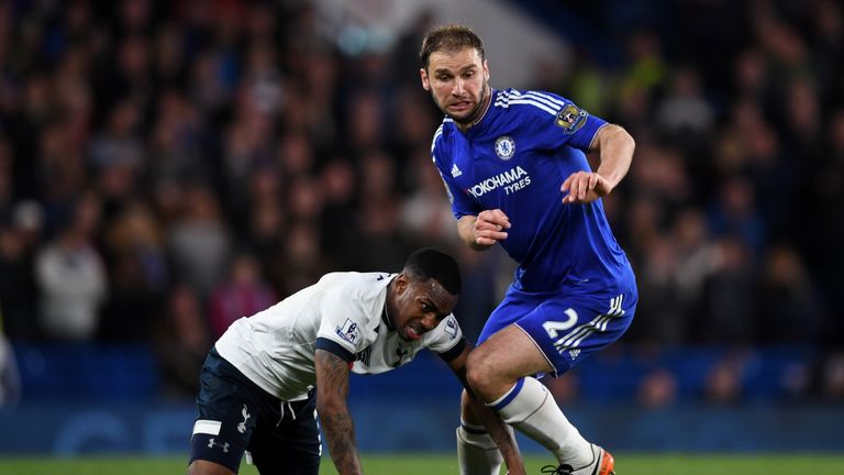 LONDON, ENGLAND - MAY 02:  Danny Rose of Tottenham Hotspur and Branislav Ivanovic of Chelsea battle for the ball during the Barclays Premier League match b