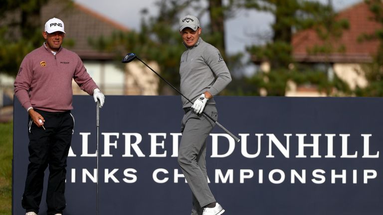 CARNOUSTIE, SCOTLAND - OCTOBER 06:  Danny Willett and Lee Westwood on the 12th tee during the first round of the Alfred Dunhill Links Championship on the C