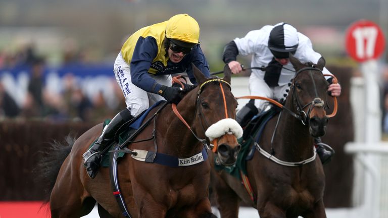 Darna and David Bass on their way to winning the Brown Advisory & Merriebelle Stable Plate at Cheltenham ahead of third-placed Rawnaq.