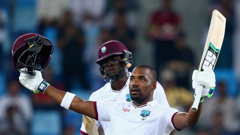 Darren Bravo of West Indies celebrates after reaching his hundred